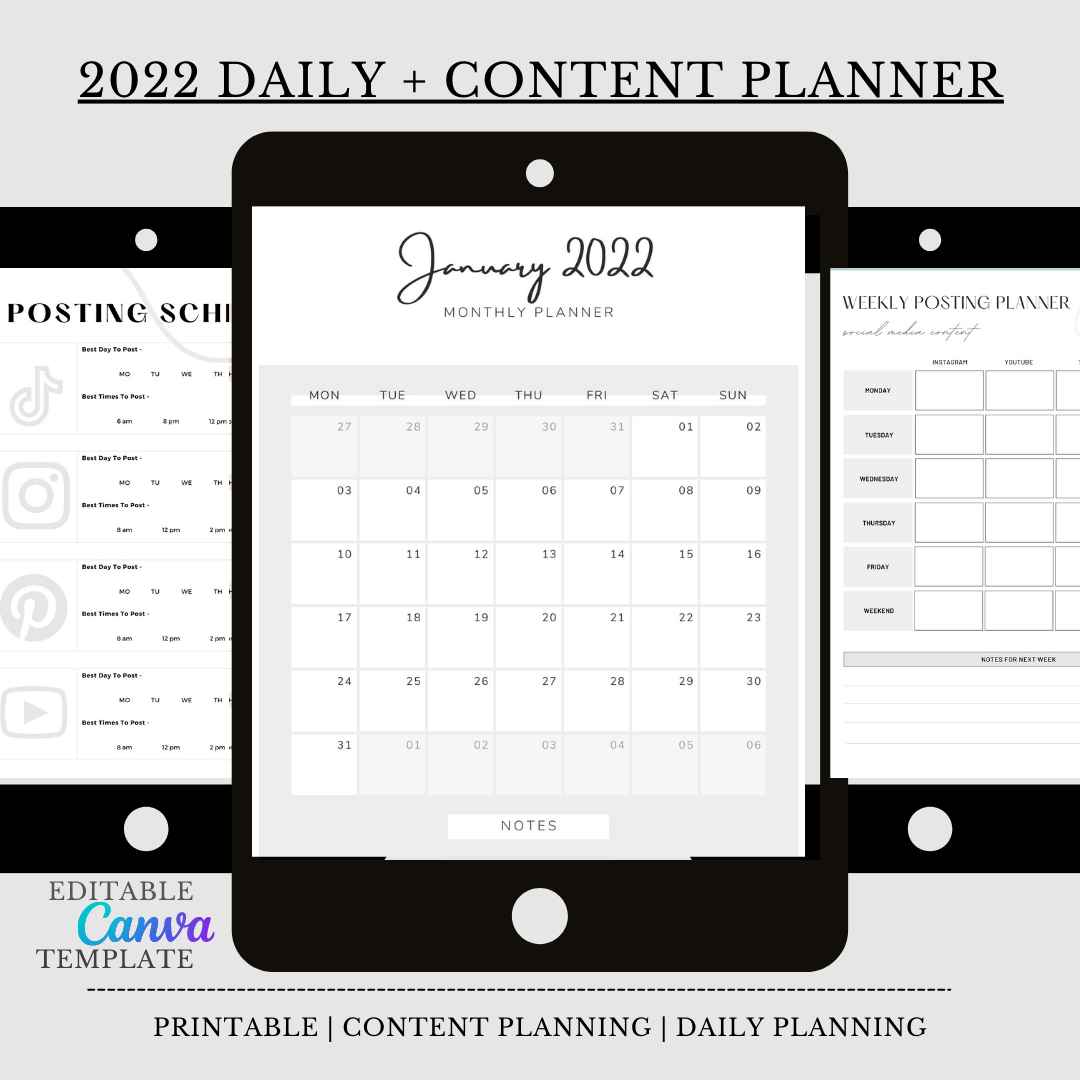 2022 Daily + Content Planner ( Digital + Editable ) | CANVA Template